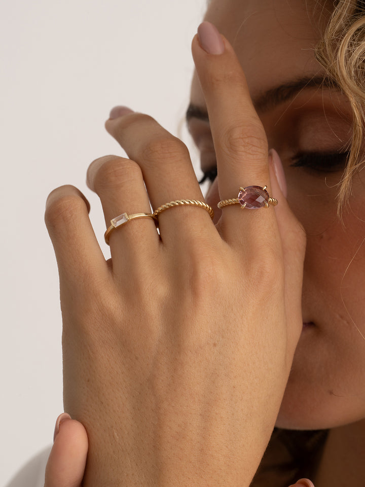 Aubergine Quartz Twist Baguette Rings Stack | 9 carat