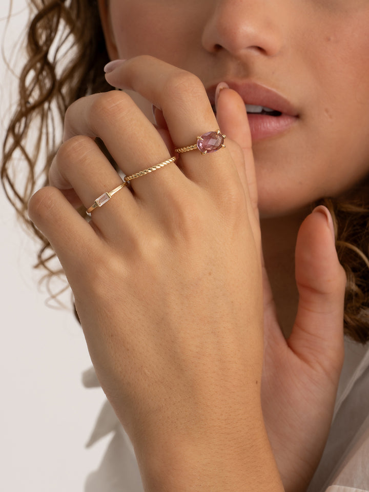 Aubergine Quartz Twist Baguette Rings Stack | 9 carat