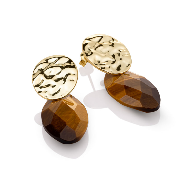 Tiger Eye Leaf Round Clip Earrings Set | Gold Plated