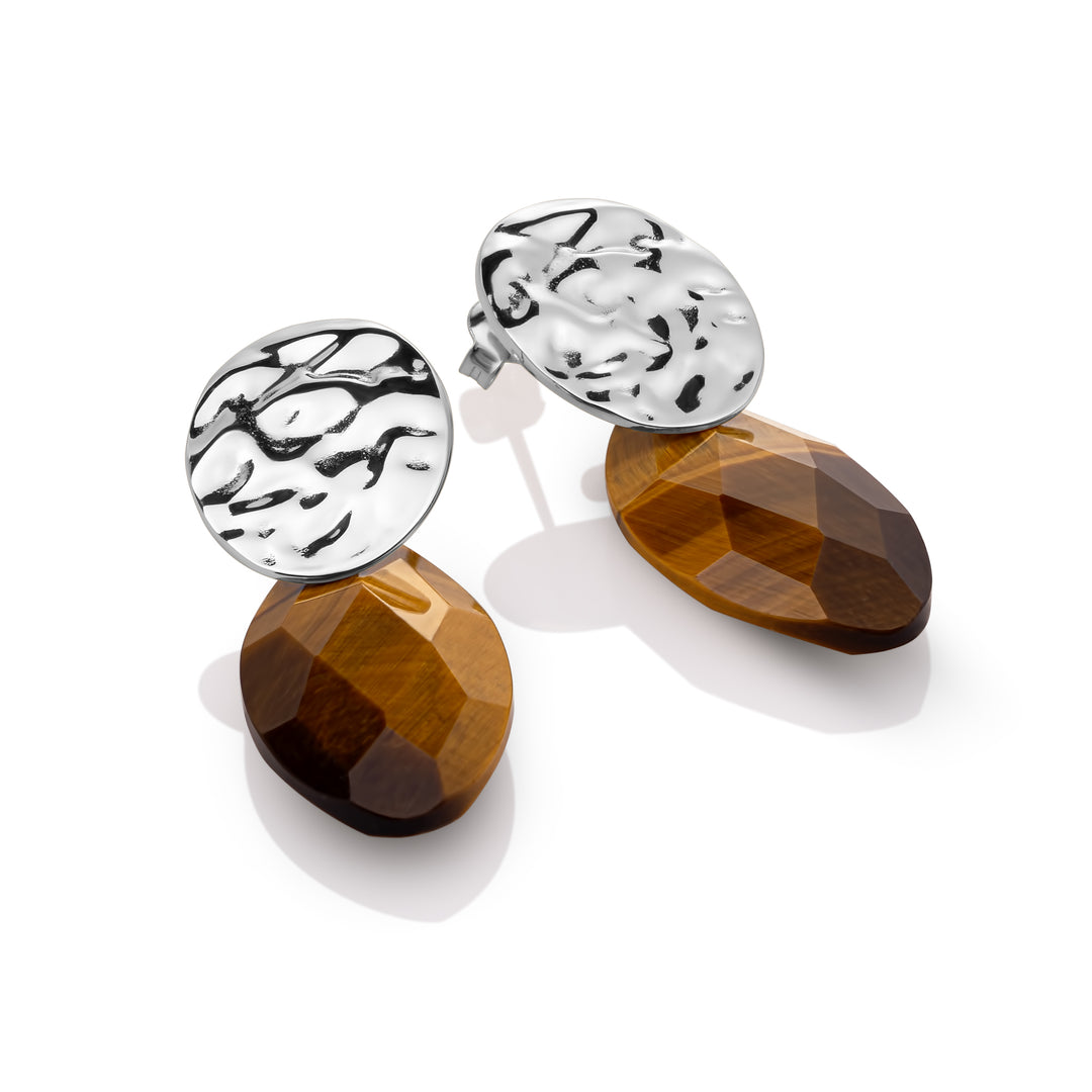 Tiger Eye Leaf Round Clip Earrings Set | Silver