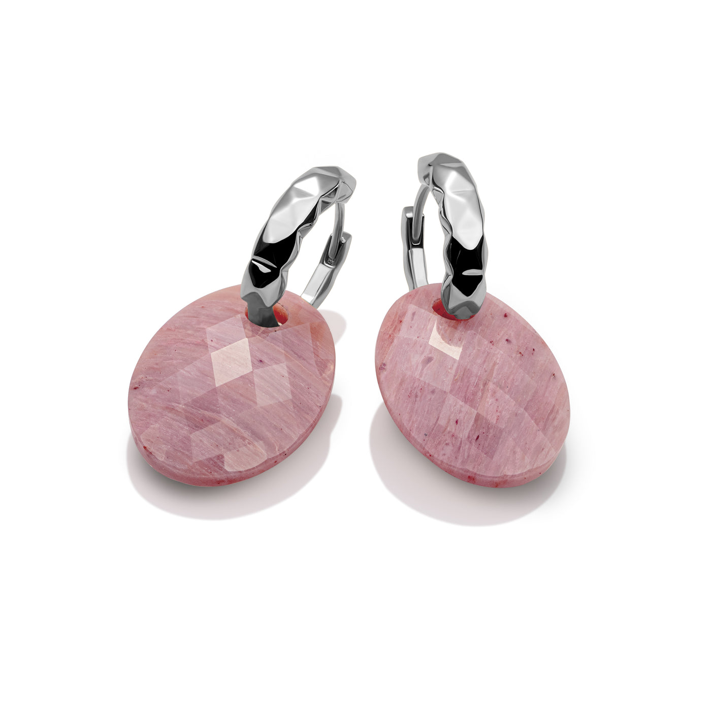 Pink Rhodonite Medium Oval Multi Edge Earrings Set | Silver