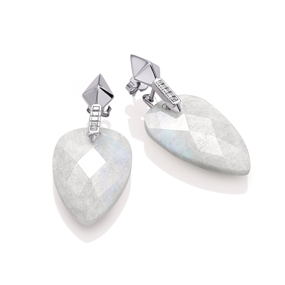 Moonstone Blossom Pyramid Edge Earrings Set, Silver