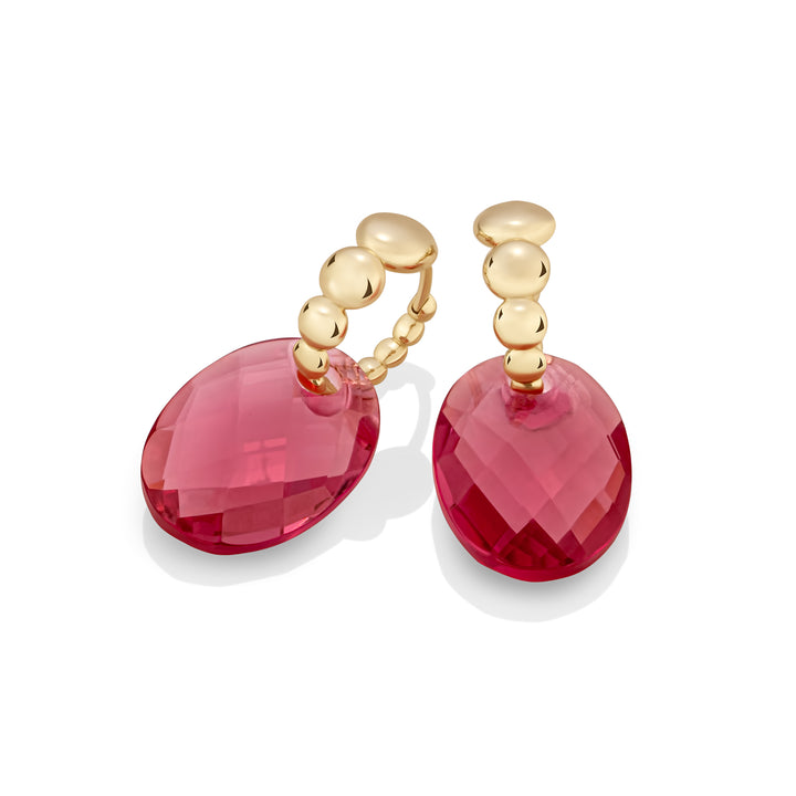 Fuchsia quartz medium oval bubble huggies earrings set | Gold Plated