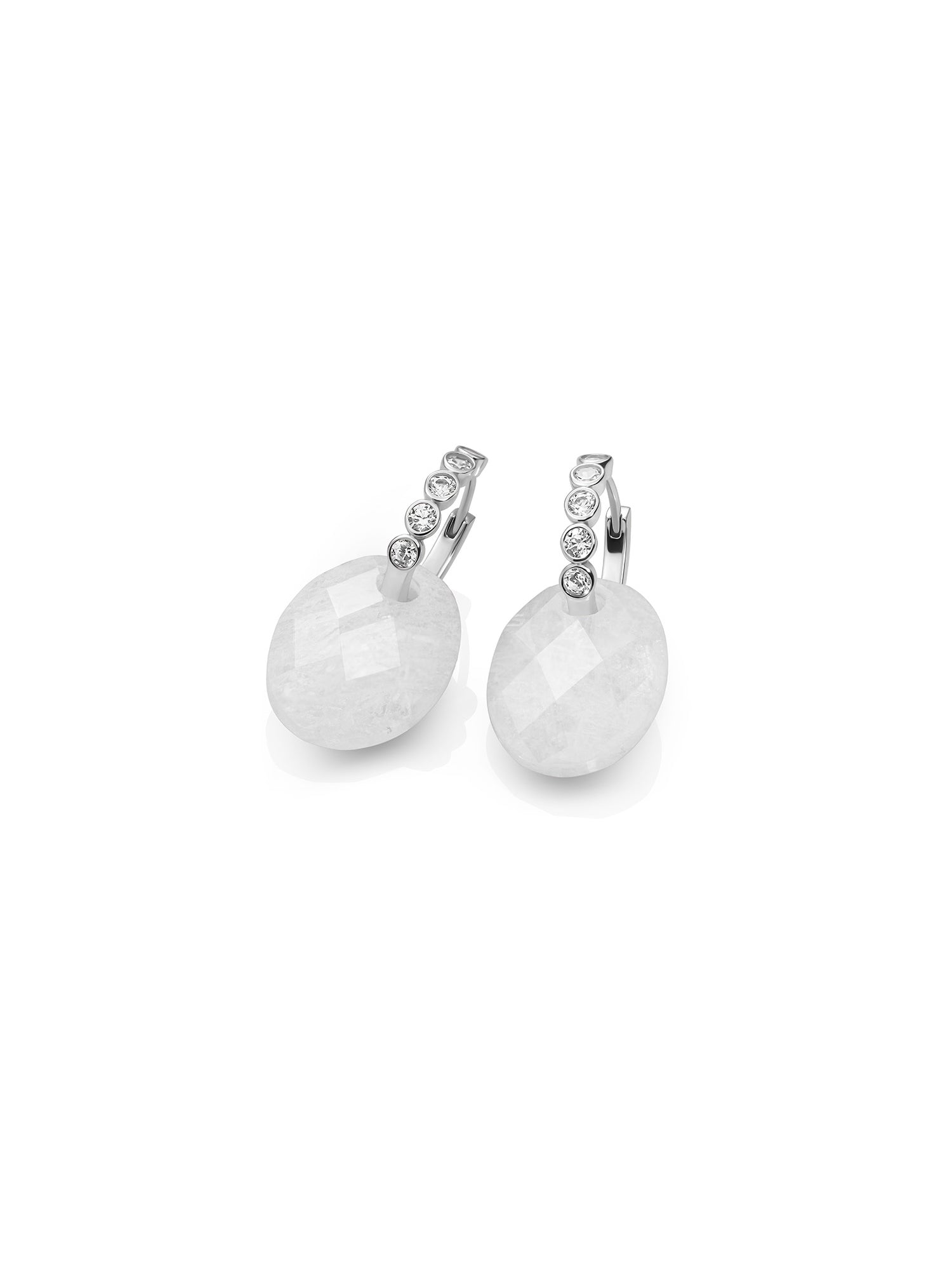 Moonstone Medium Oval Tube Huggies Oorbellen Set - Rhodium Plated - Sets