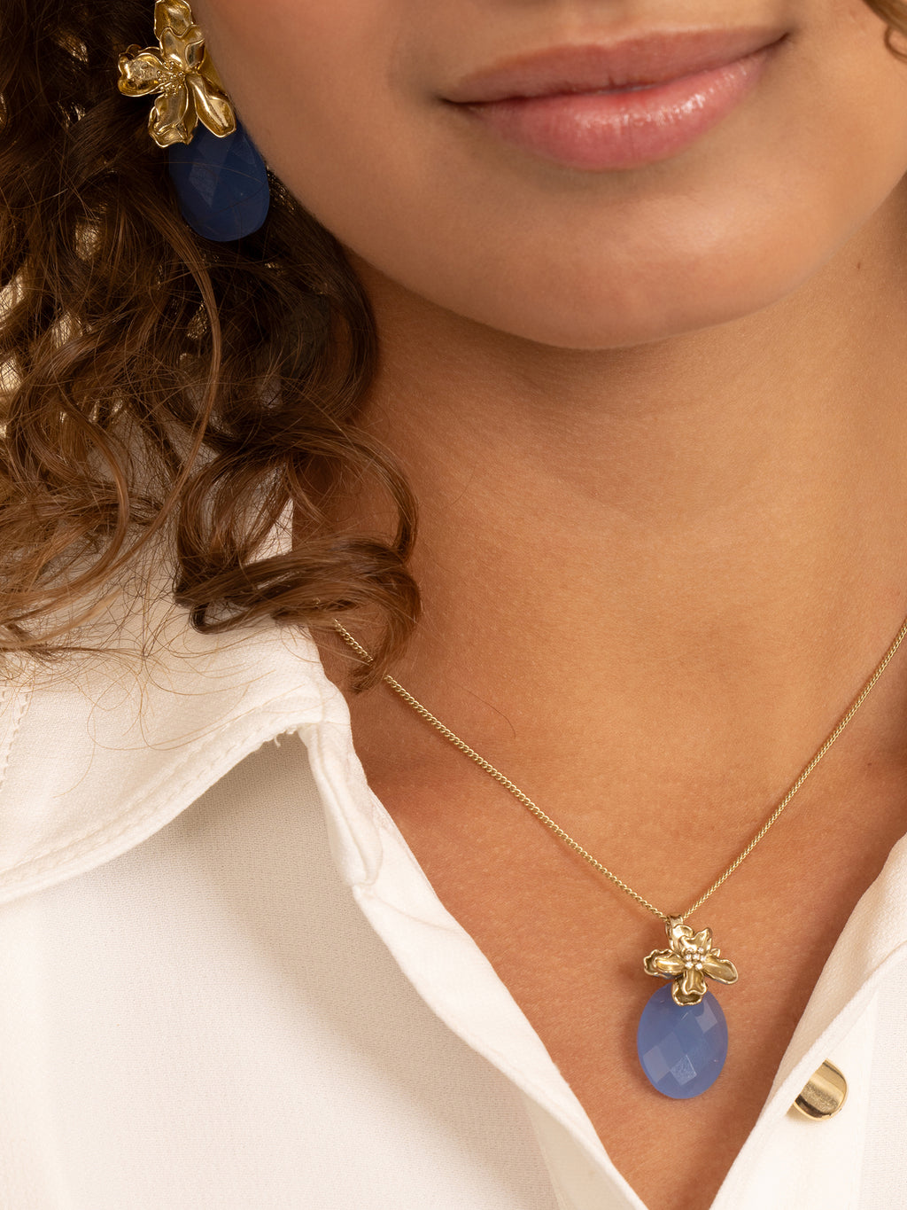 Milky Blue Jade Botanic Curb Ketting Set Goud - Sets