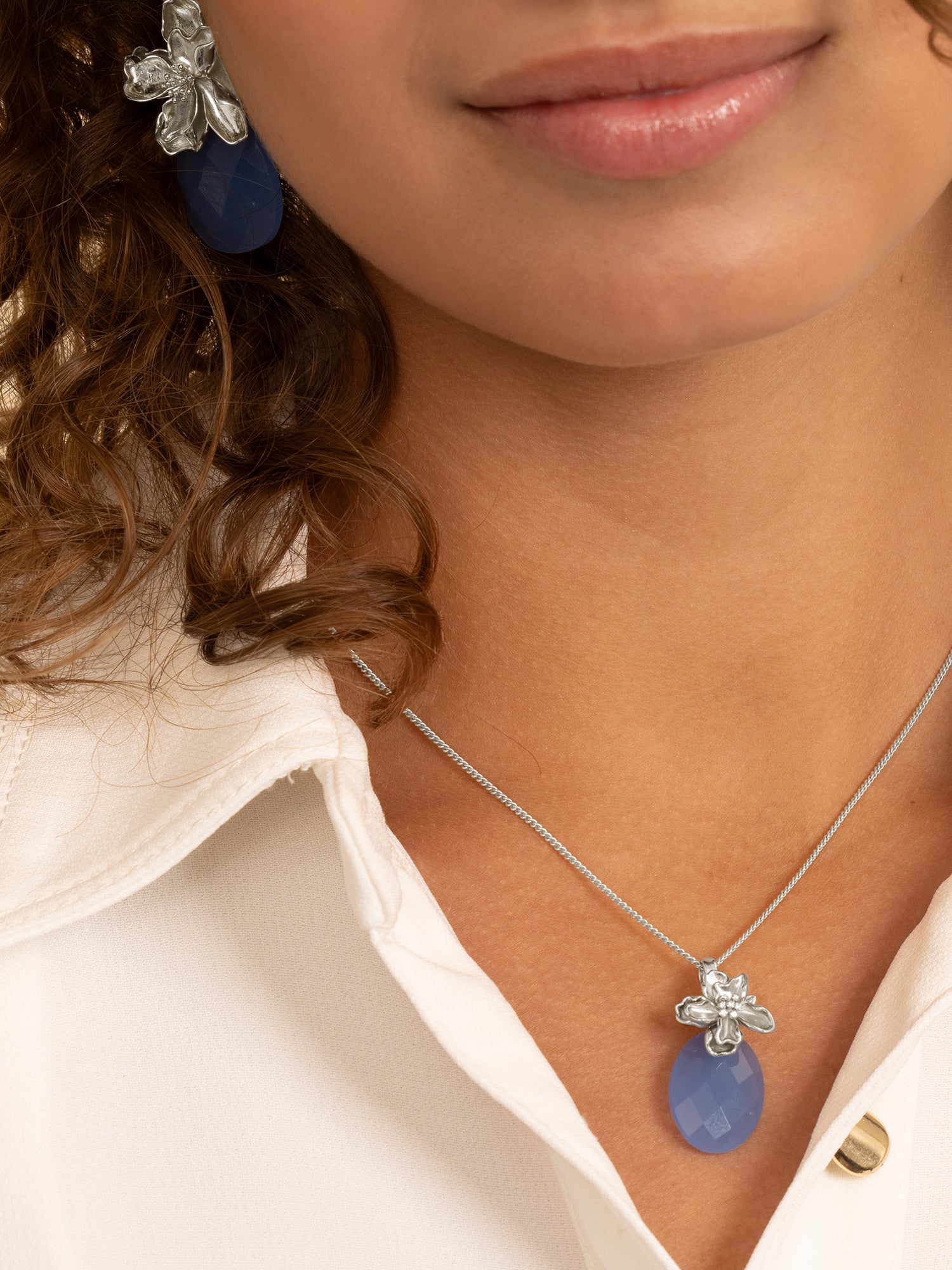 Milky Blue Jade Botanic Curb Ketting Set Zilver - Sets