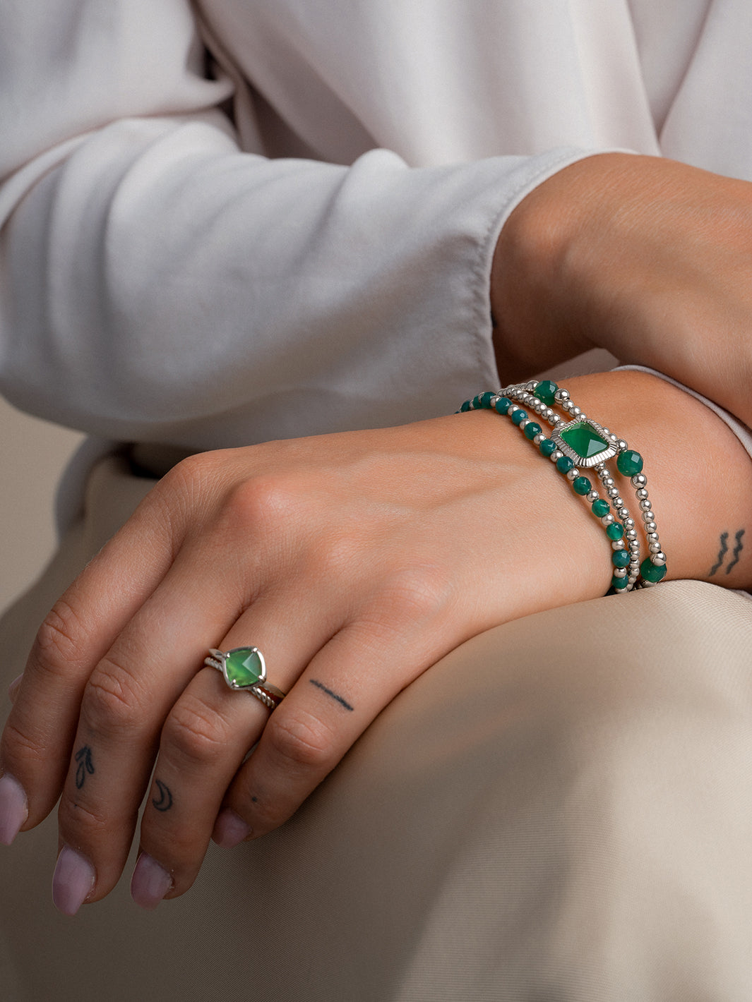 Green Onyx Baguette Bracelets Stack l Silver