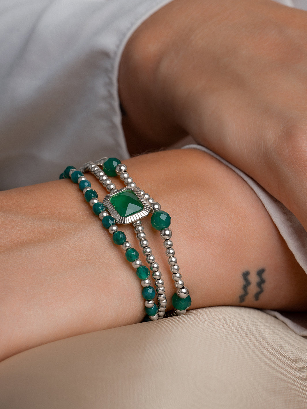 Green Onyx Baguette Bracelets Stack l Silver