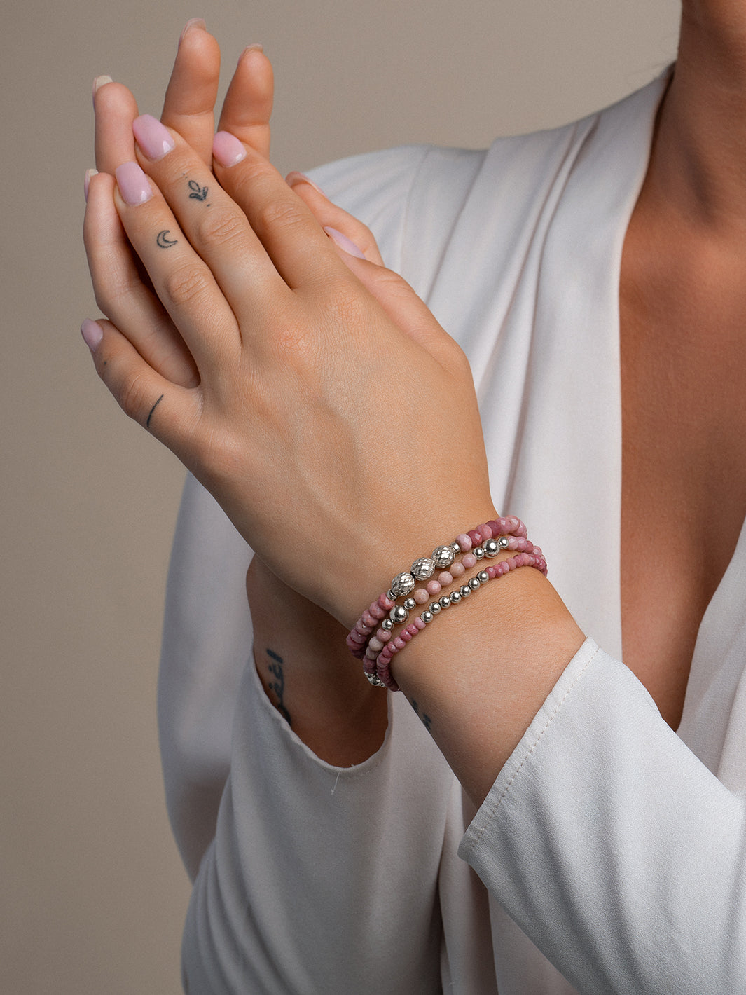 Edelsteen Fuse Armband met Pink Rhodonite Kralen #kleur_zilver
