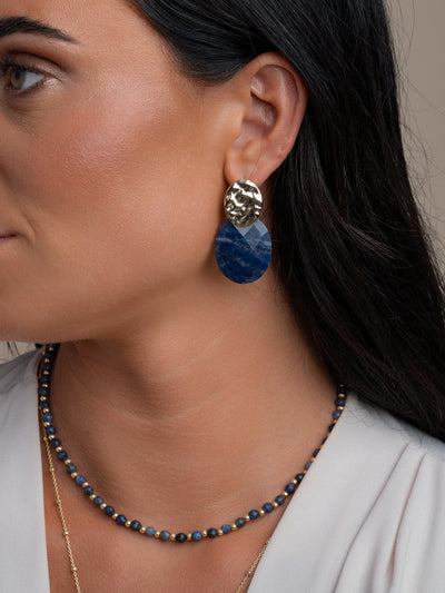 Sodalite Large Oval Round Clip Earrings Set | Gold Plated