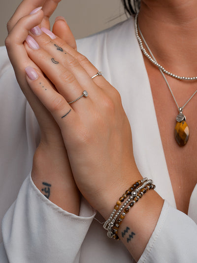 Tiger Eye Bold Mix Bracelets Stack l Silver