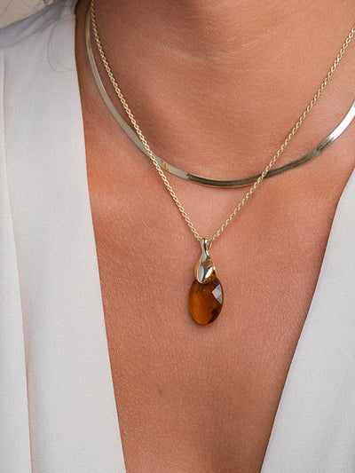 Citrine Quartz Medium Oval Leaf Celestial necklace Set | Gold Plated