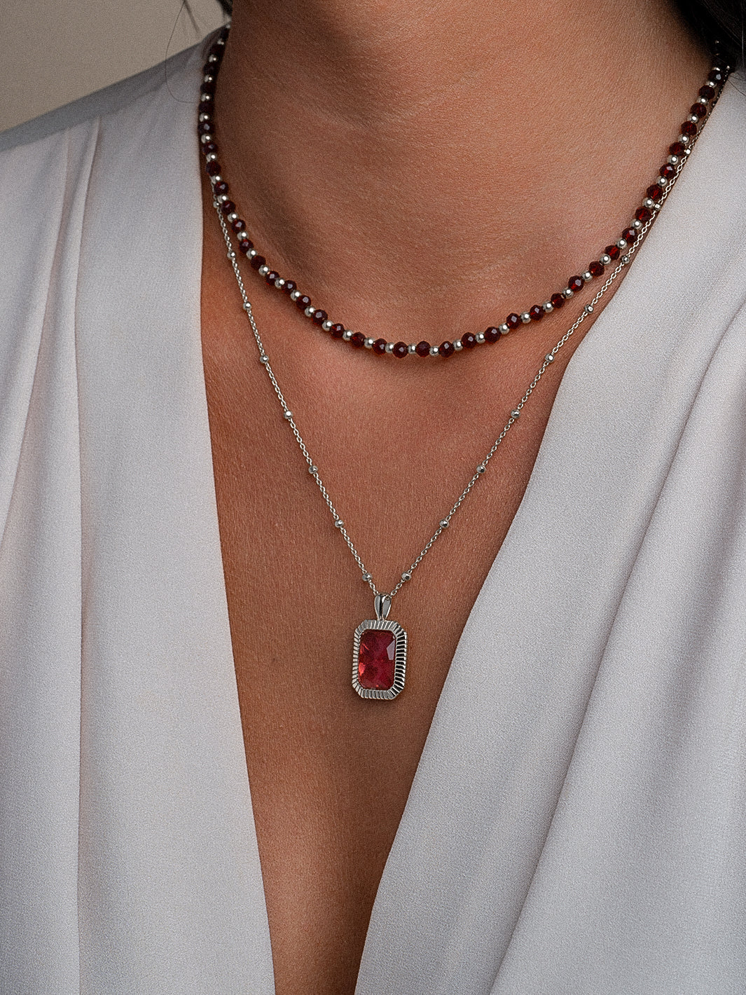 Ruby Quartz Baguette Amulet necklace Set | Silver