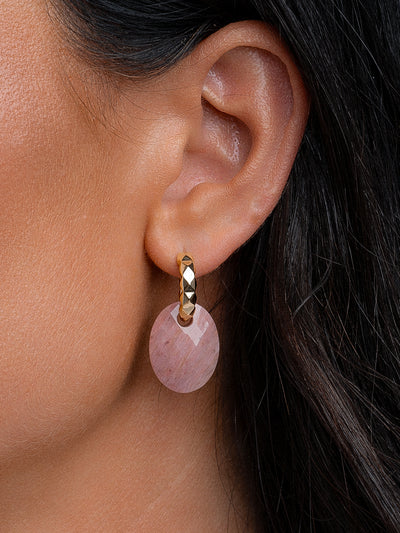 Pink Rhodonite Medium Oval Multi Edge Earrings Set | Gold Plated