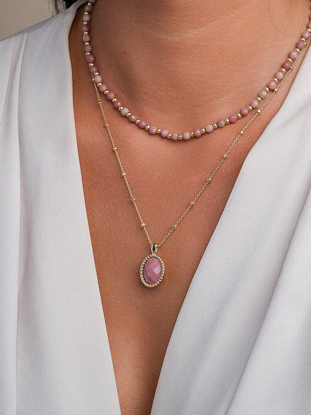 Pink Rhodonite Twist Amulet necklace Set | Gold Plated