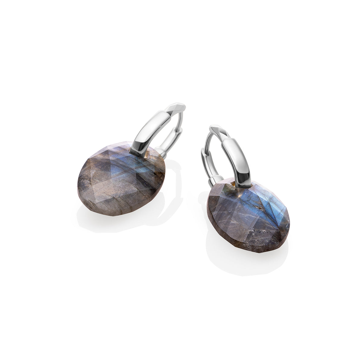 Labradorite Medium Oval Square Edge Huggies Oorbellen Set - Rhodium Plated - Sets