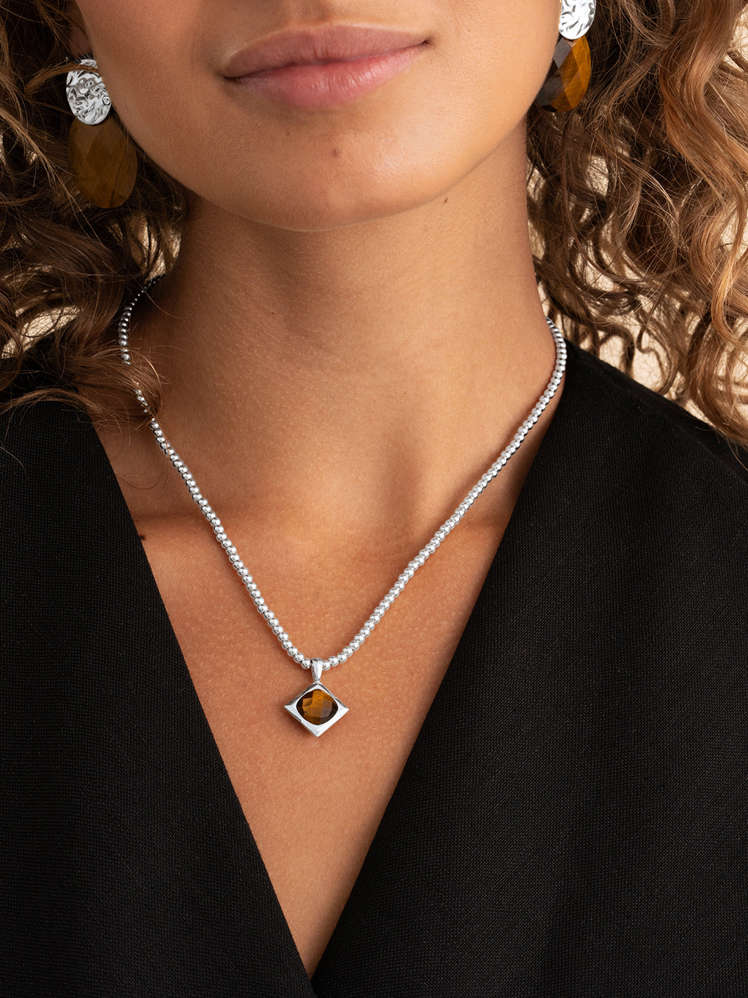 Tiger Eye Cushion Cut Beaded Ketting Set Zilver