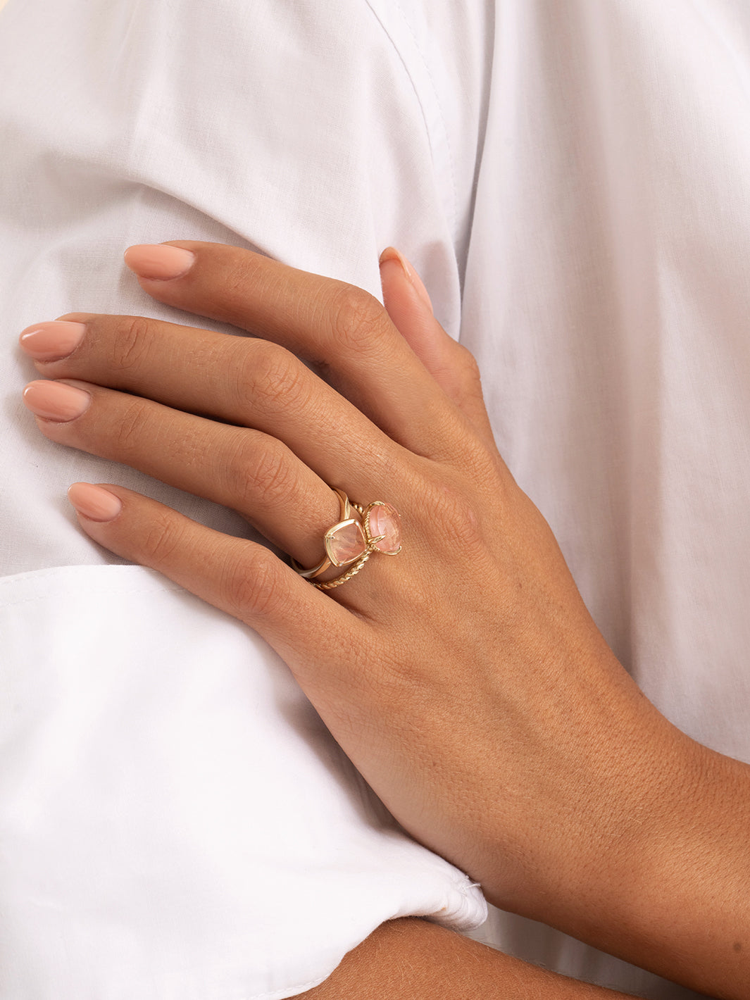 Pink Opalite Edge Twist Ringen Stack 9K Goud