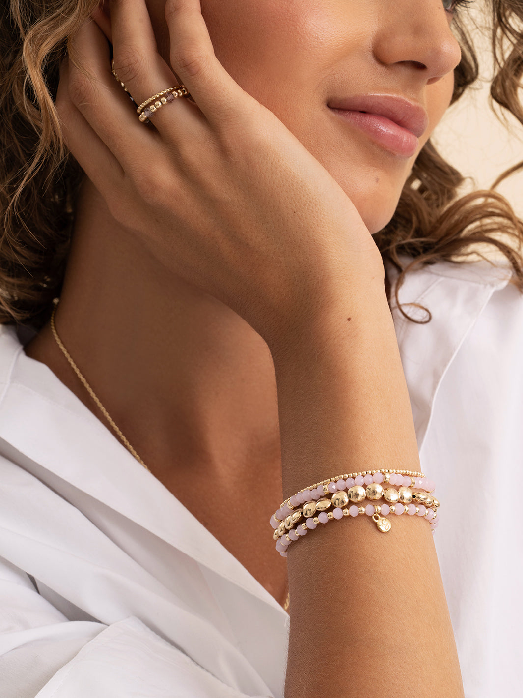 Pink Opalite Roundel Interstellar Saturn Armbanden Stack Goud Kleurig