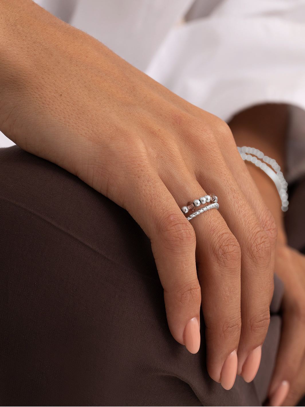 Pink Opalite Twist Roundel Ringen Stack Zilver