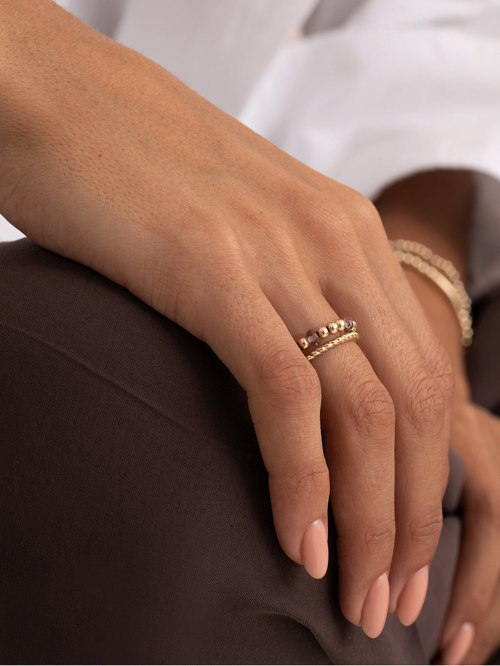 Pink Opalite Twist Roundel Ringen Stack Goud