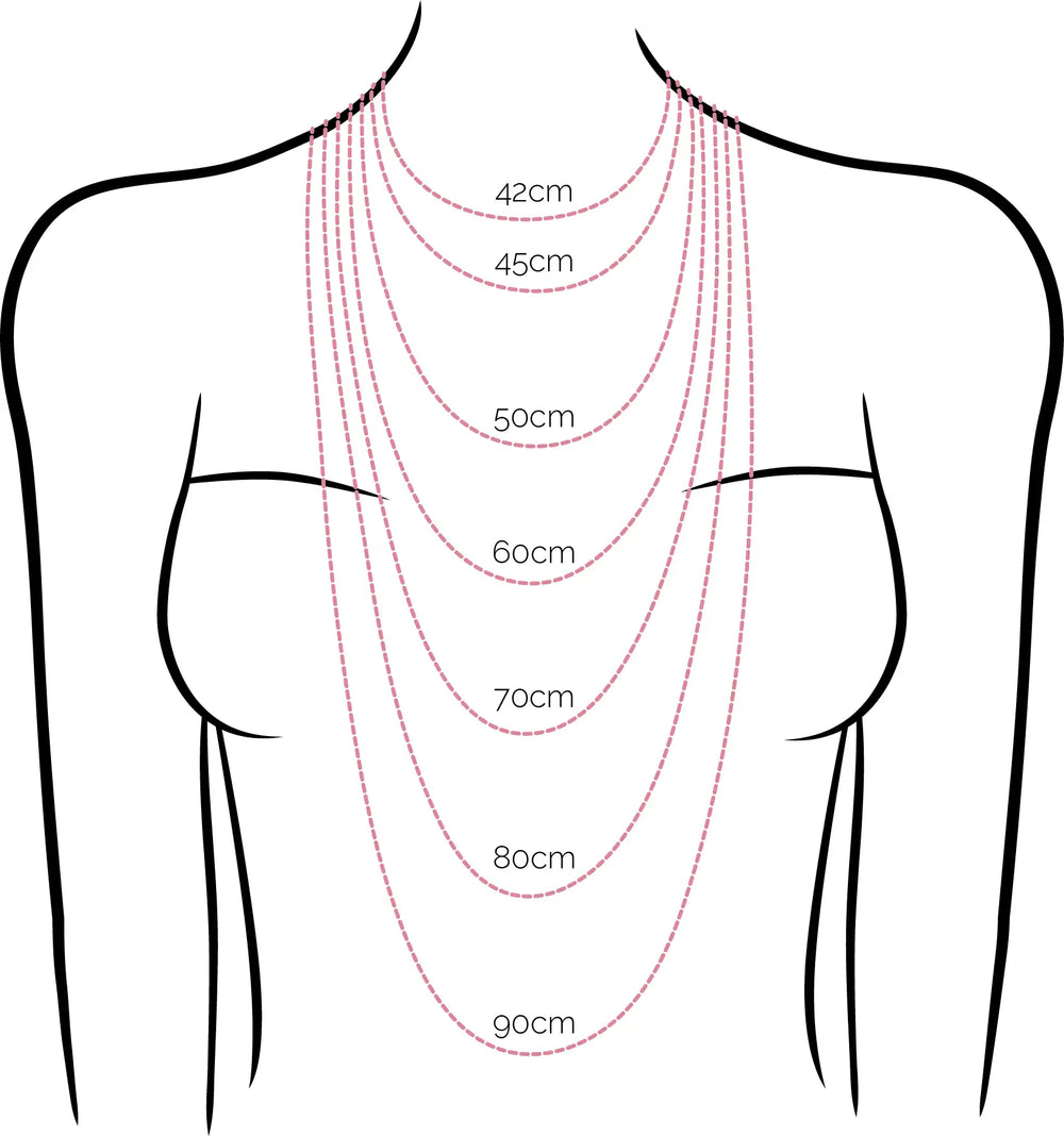 Een diagram dat meerdere lengtes van een delicate, bewerkte ketting in zacht roze illustreert.
