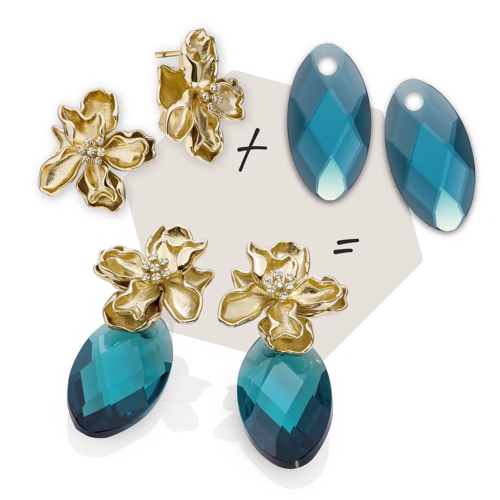 Elegante gouden bloemenoorbellen met sprankelende middelstenen, elk gecombineerd met een gefacetteerde teal traanvormige hanger.