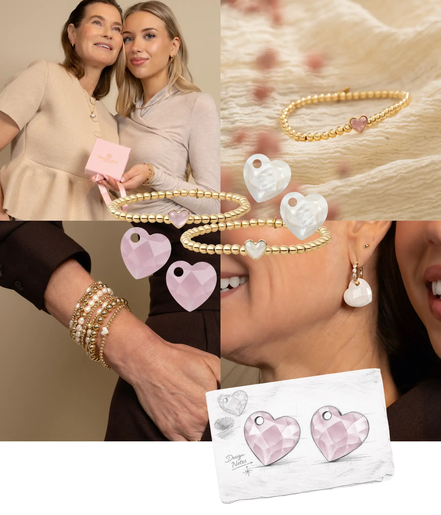 Gouden armband met kralen en een klein roze hartje hanger