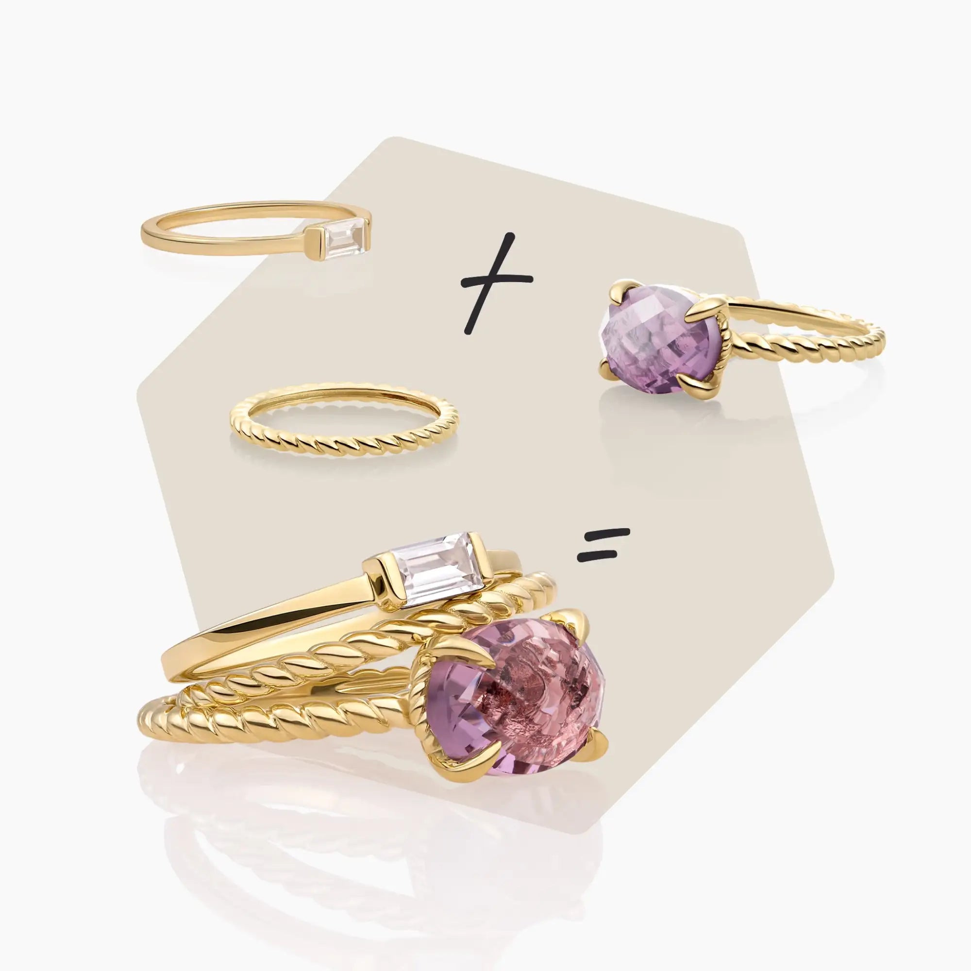 Gouden ring met touwtextuur en een gefacetteerde roze edelsteen in een klauwzetting.