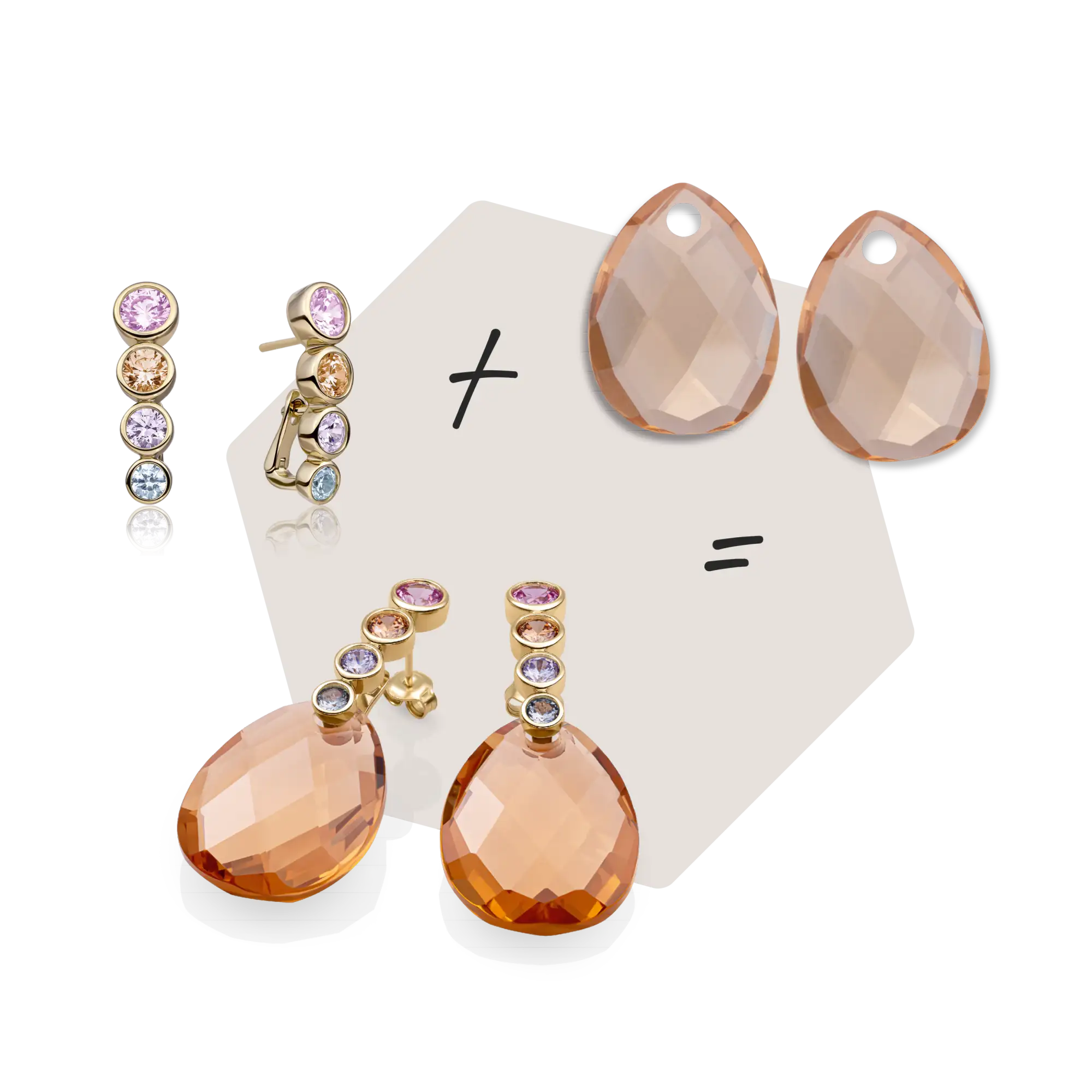 Een paar elegante traanvormige perzik-kleurige kristal oorbellen met goudkleurige metalen zettingen en een vallend clusterontwerp.