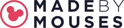 Roze cirkelvormig logo met een gestileerde muizensilhouet, met de tekst 'gemaakt door muizen' in donkergrijze letters.