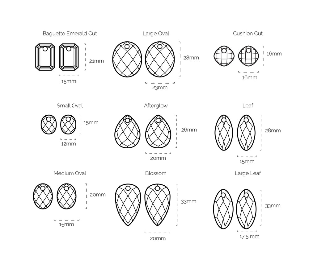 Dit is een technisch diagram dat verschillende slijpvormen van edelstenen toont met hun afmetingen, inclusief baguette emerald slijpvorm, grote ovaal, cushion slijpvorm, kleine ovaal, afterglow, blad, middelgrote ovaal, bloem en groot blad.