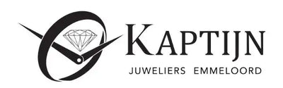 Zwart-wit logo met een gestileerde diamant omcirkeld door een abstract ontwerp dat lijkt op wijzers van een klok, met de merknaam 'kaptijn' prominent weergegeven.