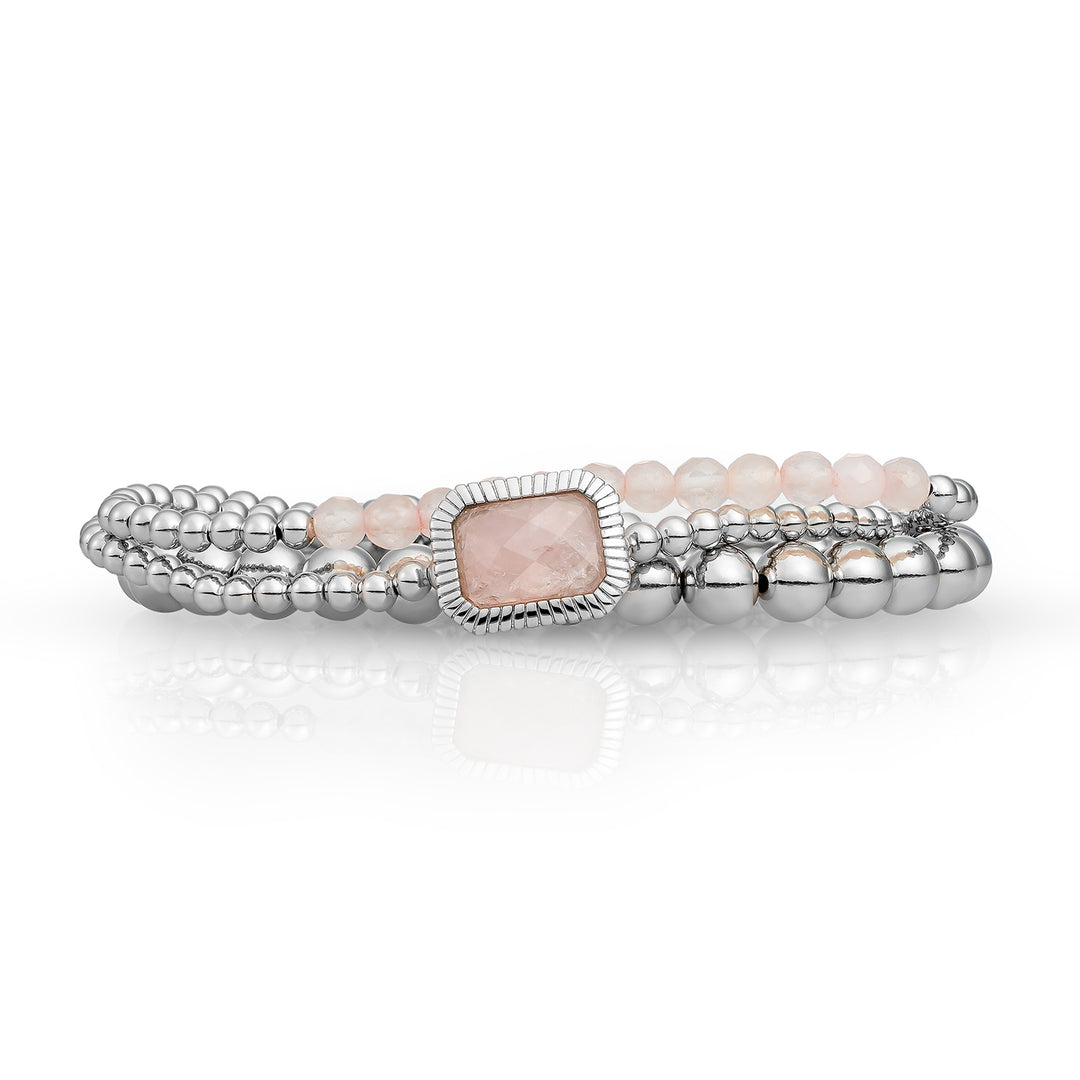 Rose quartz baguette silver bracelets stack