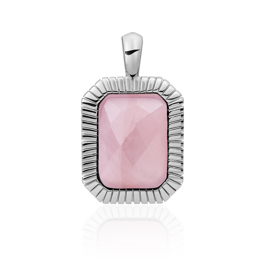 Roze Rose Quartz edelsteen in een zilveren baguette pendant hanger voor aan ketting Sparkling Jewels #kleur_zilver