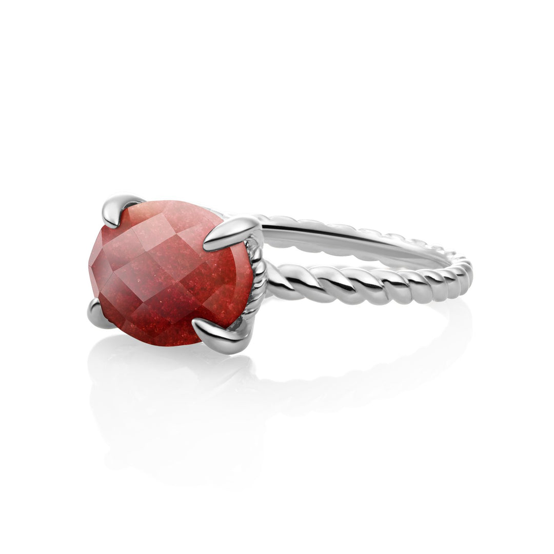 Twist Ring Coral Red Jade - Silver