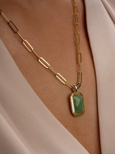 Sparkling Jewels baguette pendant hanger met echte edelsteen groene aventurijn en paperclip ketting #kleur_goud