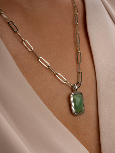 Baguette pendant hanger Groene Aventurijn edelsteen met zilveren long link schakelketting Sparkling Jewels #kleur_zilver