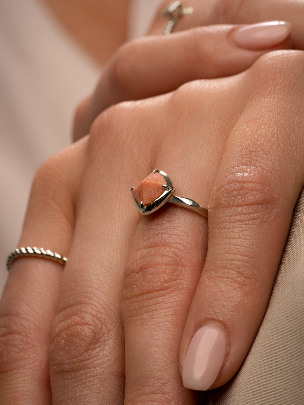 Edge Ring Peach Rhodonite - Silver